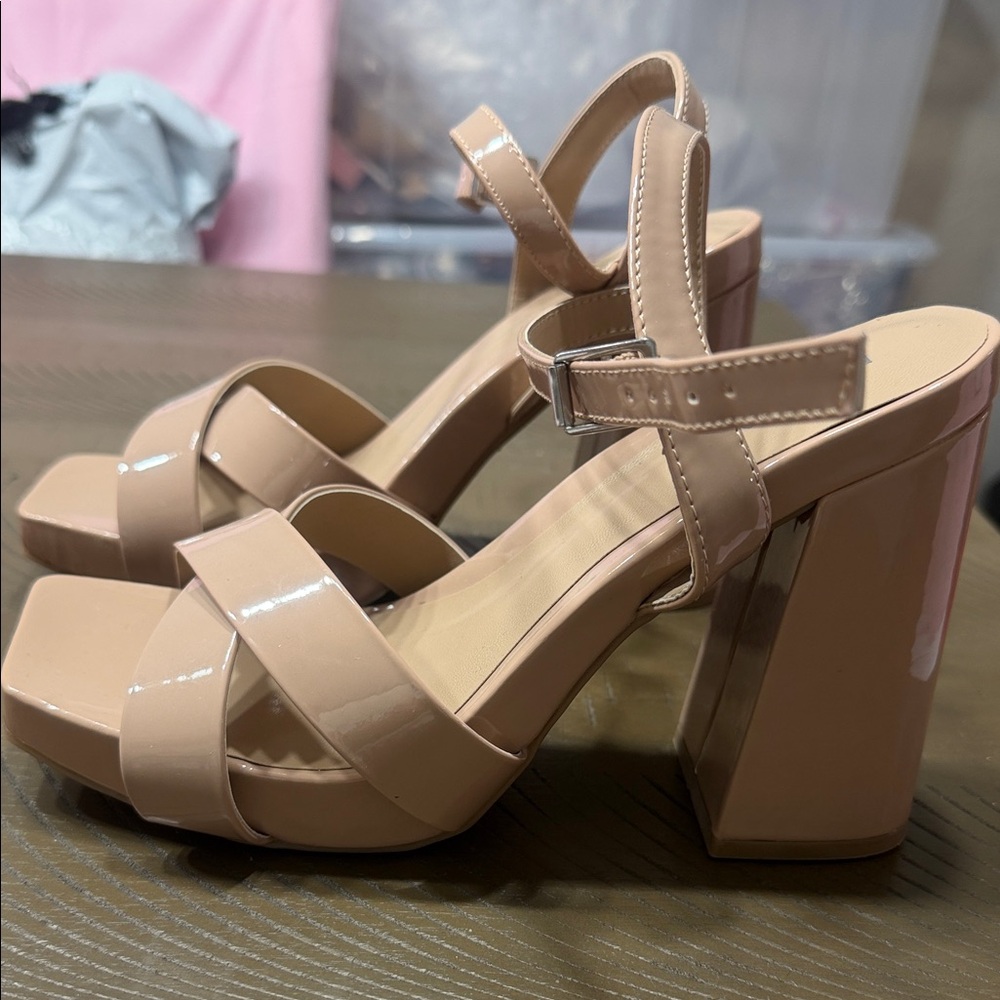 MIA Nude Patent Block Heel Sandals